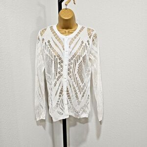 Anthropologie Baraschi Cyber Fairy Cream Sheer Cardigan Womens Lg Cut Out Future